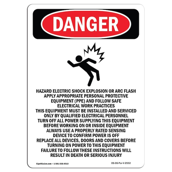 Safety Sign, OSHA Danger, 5" Height, Hazard Electric Shock, Portrait, 10PK